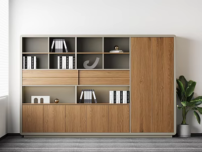Modern Wooden File Cabinet With Shelves Drawers Books Decorative Items Near Potted Plant 3d model
