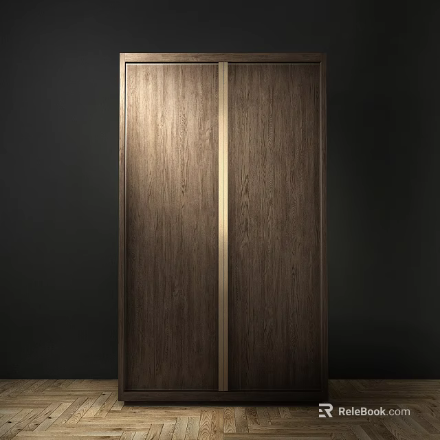 Modern Wooden Double Door Wardrobe With Walnut Texture And Metal Frame 3d model 