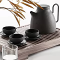 Modern Black Tea Set with Wooden Tray Cups and Saucers