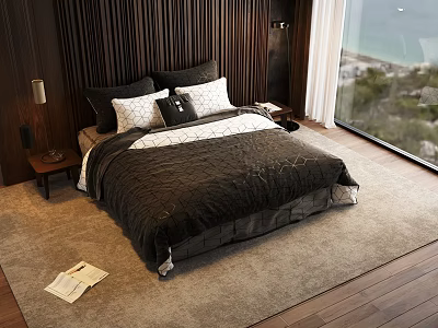 Bedroom Interior With Double Bed Wooden Wall Dark Quilt Light Pillows Nightstand Lamp Sea View 3d model