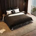 Bedroom Interior With Double Bed Wooden Wall Dark Quilt Light Pillows Nightstand Lamp Sea View