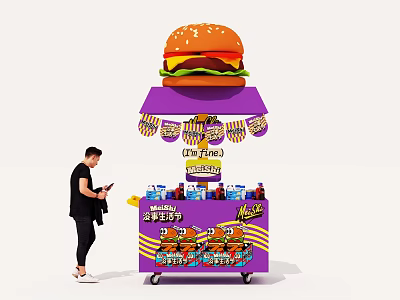 Purple Mobile Fast Food Cart With Large Burger Top Drinks And Person Beside 3d model