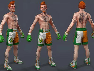 Shirtless Red Haired Game Movie Character With Tattoos Green Gloves White Green Shorts And Sneakers 3d model