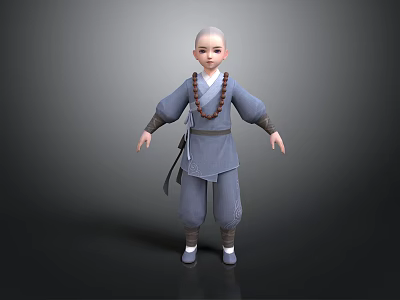 Detailed Young Monk 3D Model In Traditional Gray Robe With Beaded Necklace 3d model