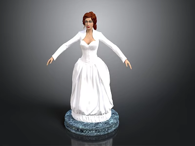Woman in White Dress as Detailed 3D Model Standing on Blue Base with Gray Background 3d model