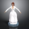 Woman in White Dress as Detailed 3D Model Standing on Blue Base with Gray Background