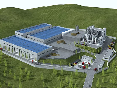 Modern Industrial Factory With Blue Roof Green Hills Parking Area And Vehicles 3d model