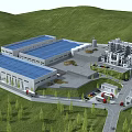 Modern Industrial Factory With Blue Roof Green Hills Parking Area And Vehicles