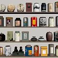 Stylish Tea Wares Collection with Various Tea Cans on Wooden Shelves