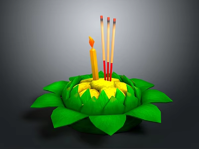 Decorative Green Lotus Shaped Plant With Yellow Center And Burning Candles Incense Sticks 3d model