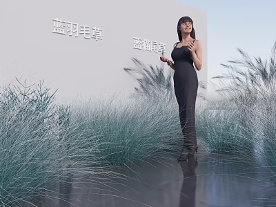 Modern Garden Landscape With Blue Feather Grass Blue Seaweed And Woman In Black Dress 3d model