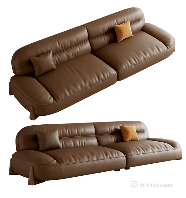 Modern Brown Leather Sectional Sofa With Soft Decorative Pillows For Living Room 3d model 