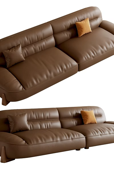 Modern Brown Leather Sectional Sofa With Soft Decorative Pillows For Living Room 3d model
