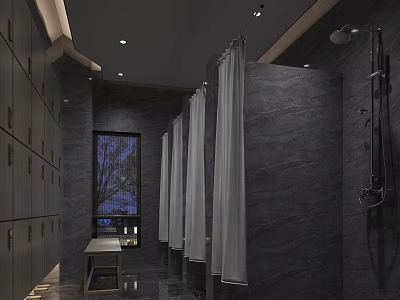 Elegant SPA Sauna Room With Gray Marble Walls Shower Curtains Bench And Lockers 3d model