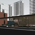 Modern Landscape Design with Tall Columns Lush Trees Pathway and Lighting Under Modern Buildings