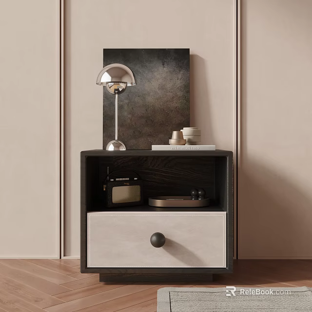 Modern Bedside Table With Drawer Silver Lamp And Decorative Items On Neutral Wall 3d model
