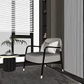 Modern Single Sofa with Window Blinds Mountain View Round Table Potted Plant and Striped Wall
