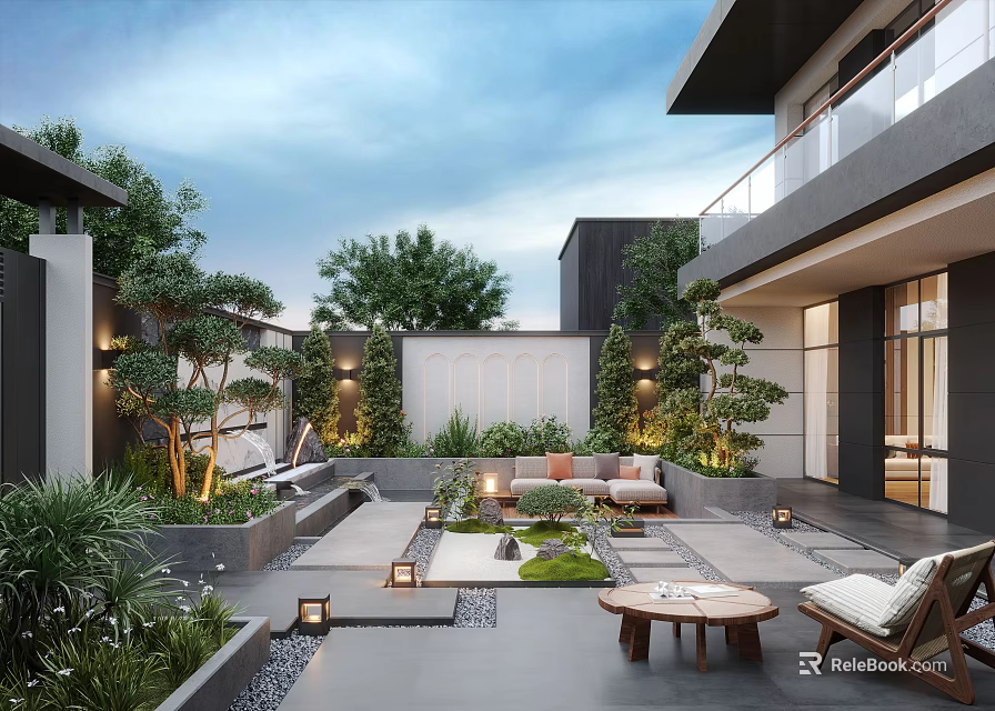 Modern Courtyard Garden Design With Outdoor Sofa Coffee Table Green Plants And Lighting 3d model 