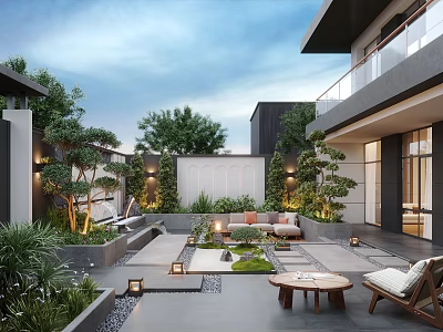Modern Courtyard Garden Design With Outdoor Sofa Coffee Table Green Plants And Lighting 3d model