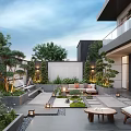 Modern Courtyard Garden Design With Outdoor Sofa Coffee Table Green Plants And Lighting