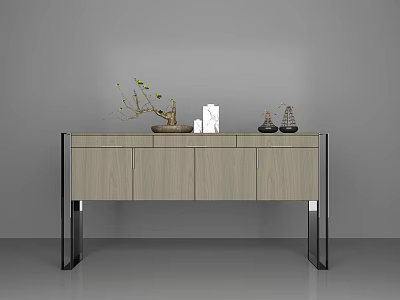 Modern Light Wood Cabinet With Metal Frame And Decorative Twig White Cube Black Ornaments 3d model