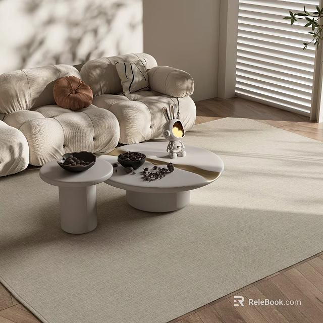 Modern Minimalist Round Coffee Tables With Bowls And Decor By Beige Sofa In Sunlit Room 3d model 