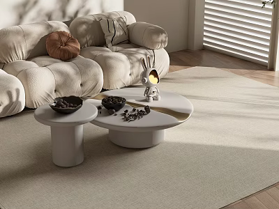 Modern Minimalist Round Coffee Tables With Bowls And Decor By Beige Sofa In Sunlit Room 3d model