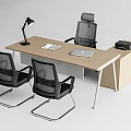 Modern Office Desk With Wooden Top Metal Legs Laptop Lamp Printer And Black Mesh Chairs