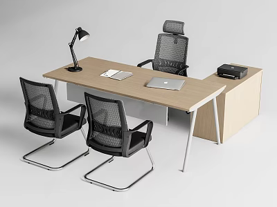 Modern Office Desk With Wooden Top Metal Legs Laptop Lamp Printer And Black Mesh Chairs 3d model