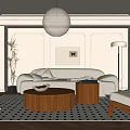 Beige Living Room Interior With Decorative Molding Pendant Light Sofa And Round Coffee Table