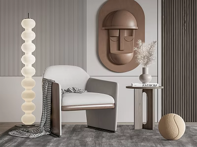 Modern Single Sofa with White Floor Lamp Decorative Wall Art Side Table and Woven Ball 3d model
