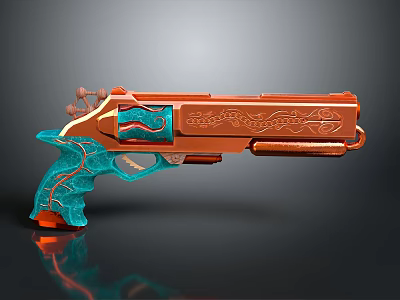 Decorative Pistol With Orange Body Teal Handle Intricate Carvings And Artistic Patterns 3d model