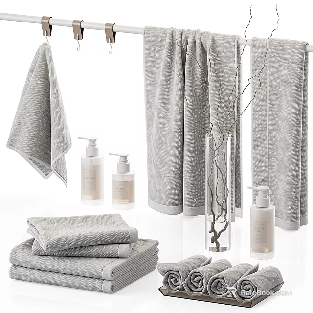 Gray Towels Arrangement In Bathroom With Toiletries And Decorative Items 3d model 