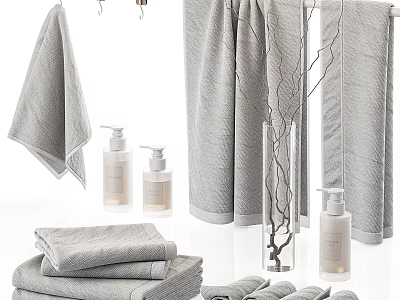 Gray Towels Arrangement In Bathroom With Toiletries And Decorative Items 3d model