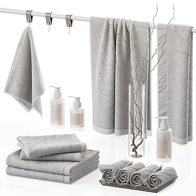Gray Towels Arrangement In Bathroom With Toiletries And Decorative Items 3d model