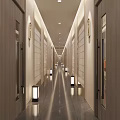 Modern Elevator Hallway With Geometric Pattern Wall And Recessed Lighting Design 3d model