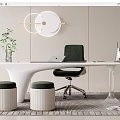 Modern White Desk Interior With Laptop Transparent Lamp Green Plant And Dark Green Chair