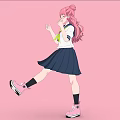 Anime Woman With Pink Hair White Top Green Scarf In Happy Dancing Pose Pink Background