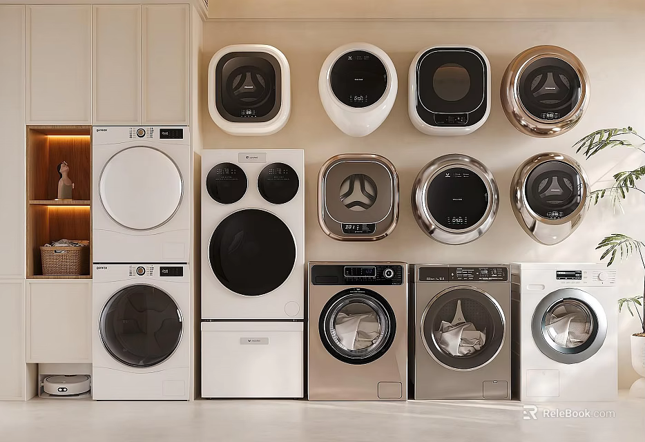 Stylish Washing Machines With Various Modern Designs Display In Home Showroom 3d model 