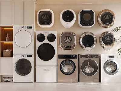 Stylish Washing Machines With Various Modern Designs Display In Home Showroom 3d model