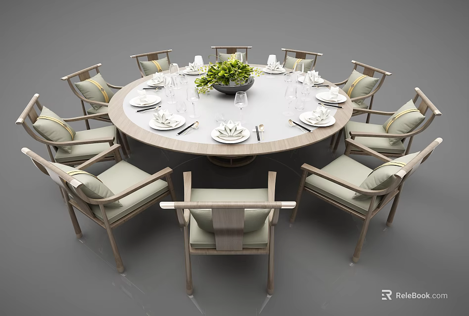 Stylish Round Dining Table Set With Chairs Tableware And Green Plants 3d model