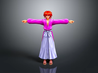 3D Character With Red Hair Wearing Purple Kimono White Sash Arms Outstretched In Gray Gradient Background 3d model