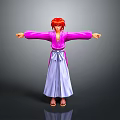 3D Character With Red Hair Wearing Purple Kimono White Sash Arms Outstretched In Gray Gradient Background