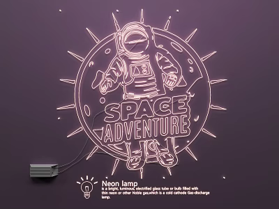 Space Adventure Themed Neon Lamp Combination with Astronaut Figure and Sunburst Patterns 3d model