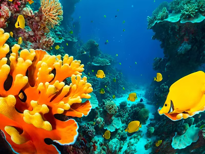 Yellow Butterflyfish Swimming Among Vibrant Coral and Small Fish in Blue Ocean Water 3d model