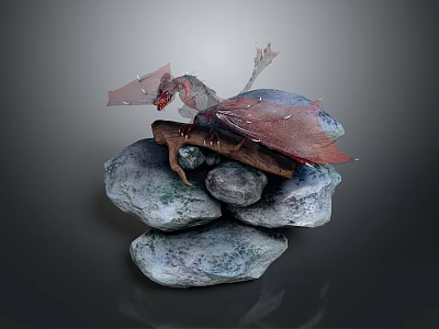 Detailed Game Movie Dragon Character With Red Pink Wings On Stacked Rocks And Wooden Log 3d model