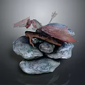 Detailed Game Movie Dragon Character With Red Pink Wings On Stacked Rocks And Wooden Log