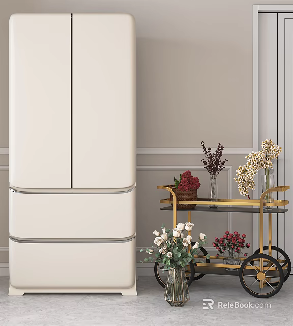 Modern White Refrigerator Freezer In Elegant Kitchen Interior With Decorative Flower Cart 3d model 
