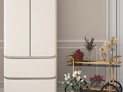 Modern White Refrigerator Freezer In Elegant Kitchen Interior With Decorative Flower Cart 3d model