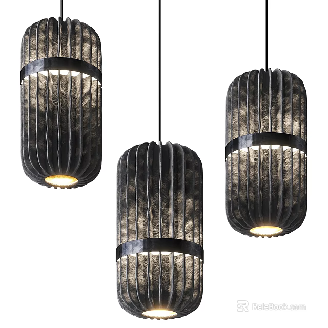 Three Modern Pendant Lights With Woven Fabric Design And Black Accents Emitting Warm Light 3d model 